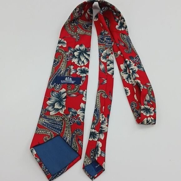 Stafford Neck Tie Red Paisley Floral Silk Pointed Mens - Picture 3 of 5